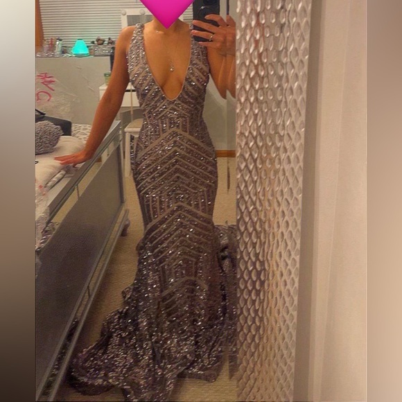 Jovani 59762 Deep V Neck Sequin Embellished Mermaid Charcoal Prom Pageant Dress - Picture 2 of 9